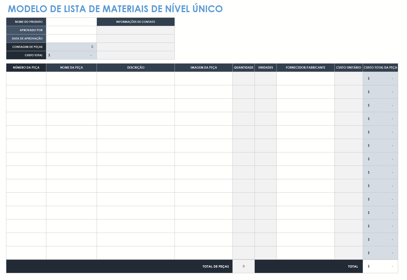 modelo de lista de materiais de nível único