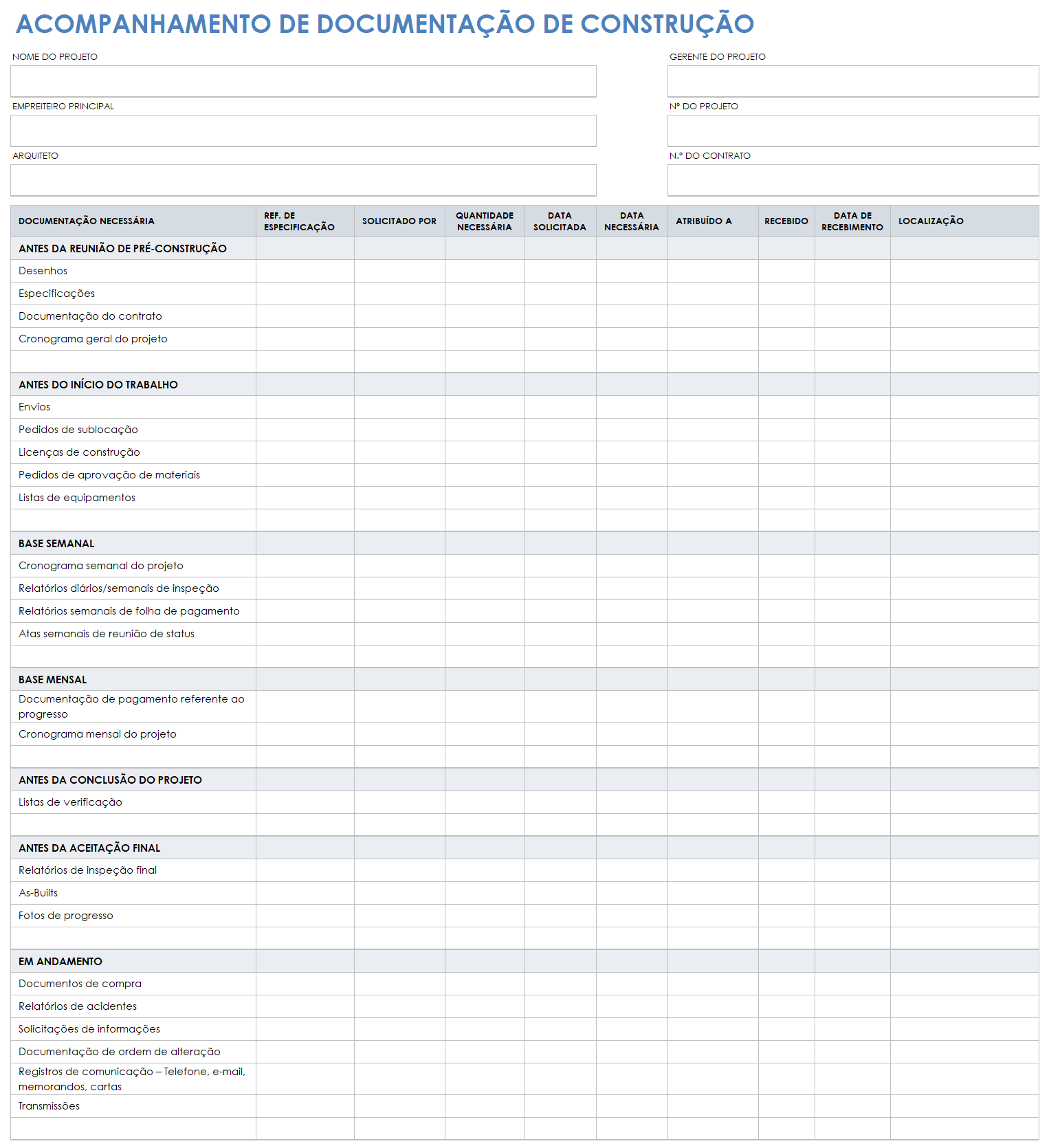 modelo de rastreador de documentação de construção