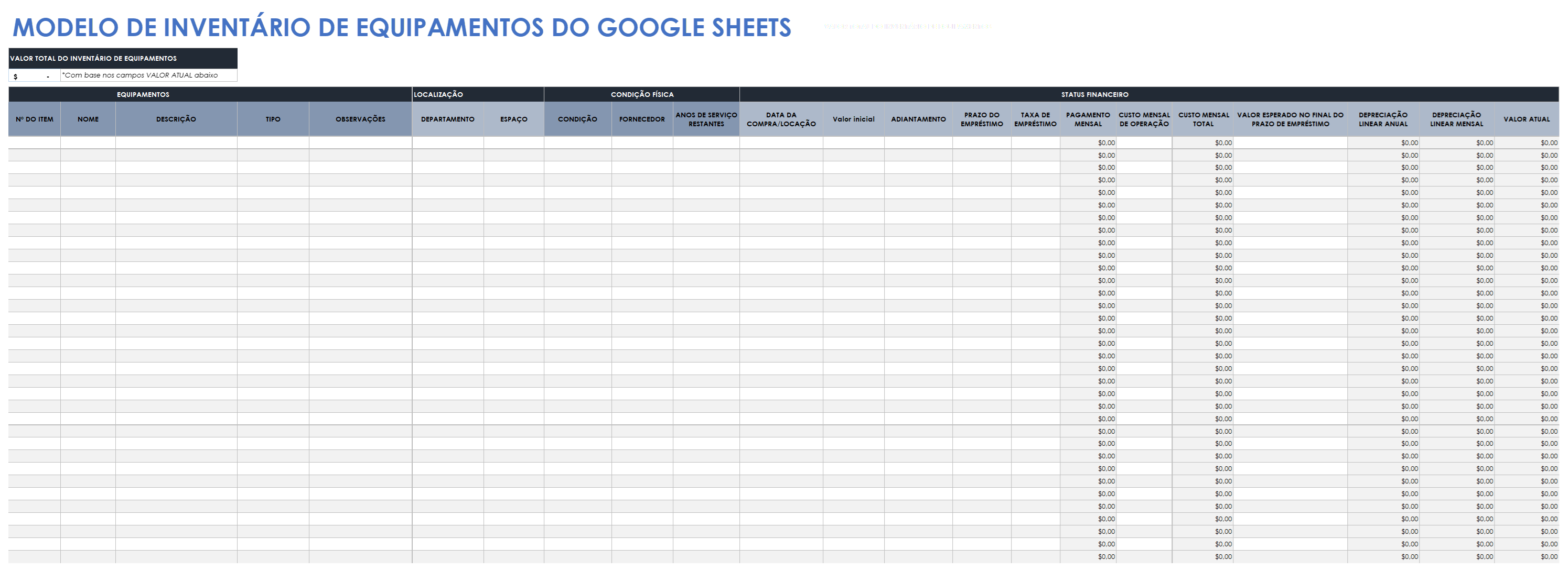  Modelo de inventário de equipamentos do Planilhas Google