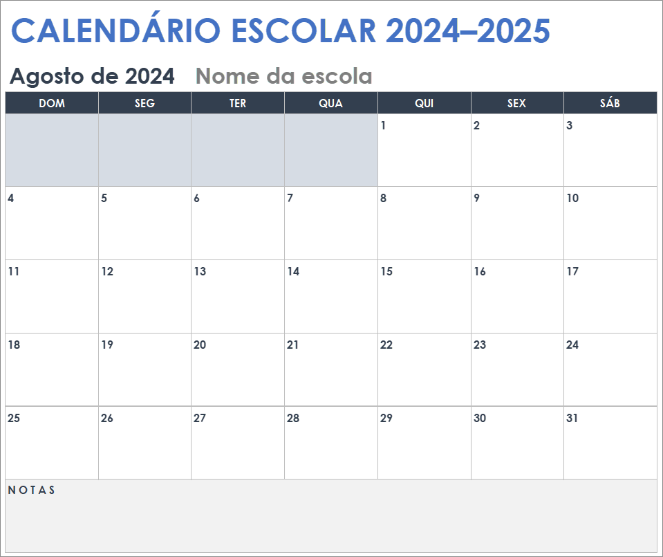 Calendário escolar 2024-2025 planilhas do google