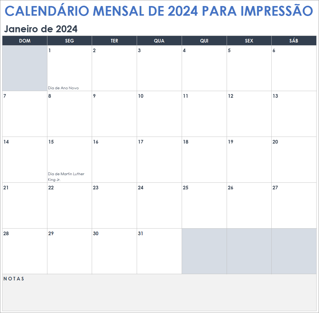 Calendário mensal para impressão 2024