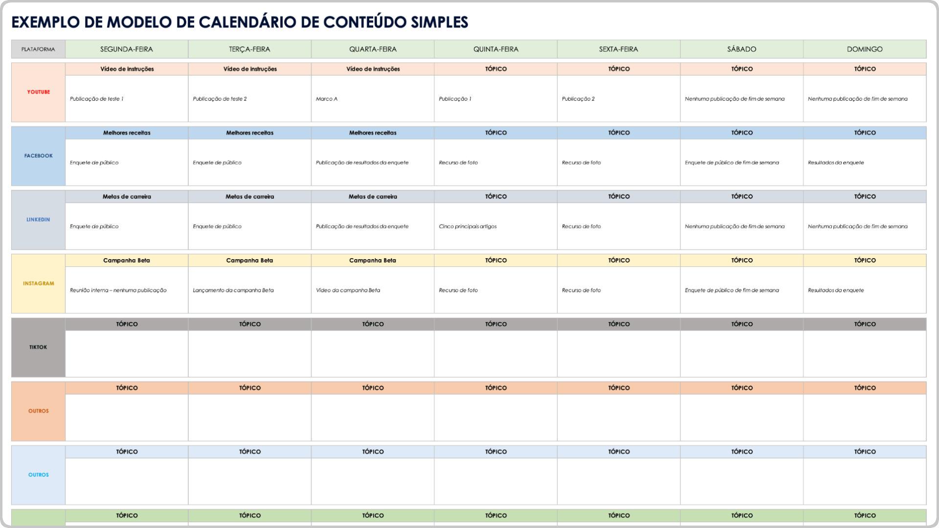 Exemplo de modelo de calendário de conteúdo de mídia social simples