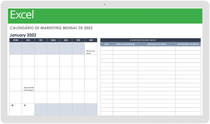 Modelo de Calendário de Marketing Mensal 2022