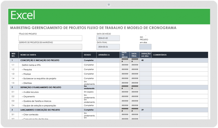 Fluxo de trabalho e cronograma do gerenciamento de projetos de marketing