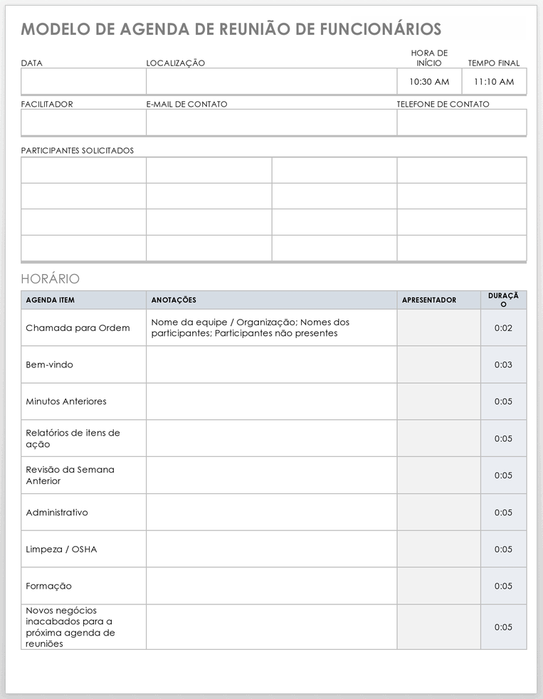 Modelo de Agenda de Reunião de Funcionários