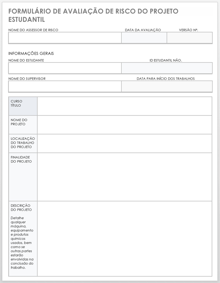 formulário de avaliação de risco do projeto do aluno